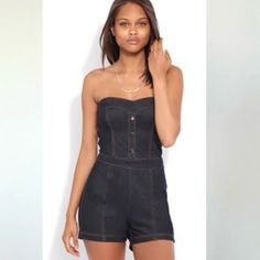 Strapless High Waisted Knit Denim Romper This Romper Is Extremely Soft And Stretchy. It Is A Pull On Design With Mid Back Zipper Closure. The Buttons On The Front Are Mot Function And Is For Design Purposes. Casual Strapless Denim Jumpsuit, Casual Medium Wash Strapless Denim Jumpsuit, Casual Strapless Denim Jumpsuit For Spring, Strapless Denim Jumpsuit For Summer, Summer Strapless Denim Jumpsuit, Strapless Denim Blue Summer Jumpsuit, Casual Strapless Denim Blue Jumpsuit, Strapless Fitted Denim Jumpsuits, Strapless Fitted Denim Jumpsuits And Rompers