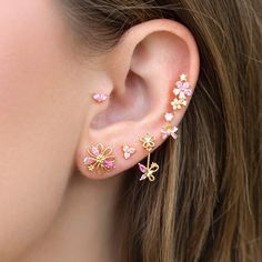 Blushing Blooms Earring Set Pink And Gold Earring Stack, Pink Cubic Zirconia Flower Shaped Earrings, Pink Cubic Zirconia Flower-shaped Earrings, Elegant Pink Cubic Zirconia Flower Earrings, Elegant Spring Jewelry With Butterfly Charm, Feminine Pink Flower-shaped Jewelry, Pink Whimsical Flower Earrings For Pierced Ears, Pink Whimsical Flower Earrings With Flower Charm, Pink Whimsical Flower Charm Earrings