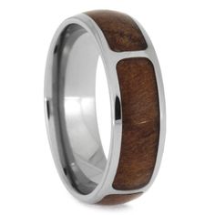 a white gold wedding ring with wood inlay