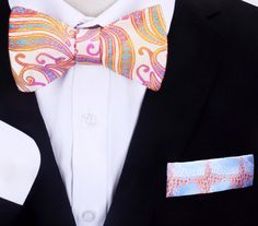 Light Yellow, Pink and Orange Self Tie Bow Tie Ladies and gentlemen, prepare to be blown away by the most luxurious and stunning bow tie you've ever seen - the light yellow, pink, and orange luxury abstract silk bow tie! This bow tie is the epitome of high fashion, crafted from the finest quality silk and featuring a bold and beautiful abstract design. The light yellow, pink, and orange hues blend together effortlessly, creating a mesmerizing pattern that's both eye-catching and sophisticated. W Elegant Multicolor Ties For Wedding, Elegant Multicolor Wedding Ties, Elegant Multicolor Suit And Tie Accessories For Wedding, Elegant Multicolor Wedding Suit And Tie Accessories, Yellow Fitted Bow Tie For Formal Occasions, Formal Yellow Bow Tie, Formal Yellow Fitted Bow Tie, Formal Fitted Yellow Bow Tie, Multicolor Bow Tie For Summer Gift