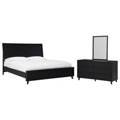 a bed, dresser and mirror are shown against a white background in this set up