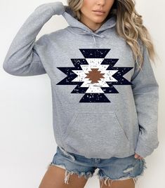 Western Aztec Hoodie Heather Grey Hoodie For Outdoor Winter Wear, Heather Grey Hoodie For Winter Outdoor, Gray Graphic Print Hoodie For Winter, Winter Gray Hoodie With Graphic Print, Casual Heather Grey Hoodie With Graphic Print, Aztec Hoodie, Aztec Shirt, Turquoise Shirt, Western Aztec