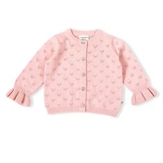 Pointelle Knit Ruffle Cardigan Blush | NINI and LOLI Ruffle Cardigan, Pointelle Cardigan, Knit Baby Sweaters, Pointelle Knit, Classic Sweater, Knitted Baby Blankets, Organic Baby Clothes, Baby Cardigan, Cotton Cardigan