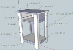 the plans for a small end table are shown in three different sizes and colors, including blue