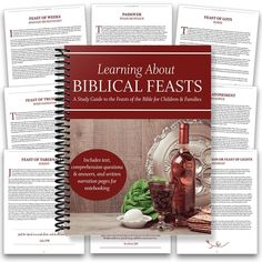 a book with three pages on it and the title learning about biblical feasts