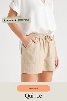 Relaxed and lightweight, these shorts are equally perfect for lounging around or stepping out to see friends. Made from soft, 100% organic linen, they’re a perfect addition for the warm weather.  | Quince | Women's Shorts in Driftwood, Size Small, Linen Neutral Shorts For Beach In Summer, Neutral Shorts For Summer Beach, Summer Beach Neutral Shorts, Neutral Shorts For Summer Vacation, Linen Drawstring Shorts For Vacation, Comfortable Linen Shorts With Relaxed Fit, Comfortable Relaxed Fit Linen Shorts, Neutral Linen Shorts For Summer, Neutral Linen Shorts For Spring