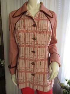 "60's/70's ladies--- maybe guys also----long sleeved big 3 1/2\"wide cuffed jacket with a tapered waist, pointy bust, big pointy collar, and side slot front pockets. Unlined jacket is in an abstract/geometric print in colors of orange, brown, pink polyester fabric. Jacket is by Atlas/Diolen Loft in a size 18. For the long ago era that it was designed for size 18. I'm guessing for now a probable large person fit, with it's tapered waist style. In excellent condition, very unique look. Measurement Unlined Jacket, Pointy Collar, Skirt Fits, Print Jacket, Orange Brown, Geometric Print, Polyester Fabric, Vintage Outfits, Jackets & Coats