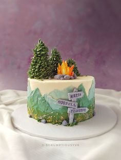 a cake decorated with pine trees and rocks