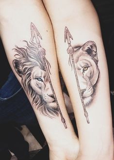 two tattoos on both legs with lions and an arrow in the shape of a heart