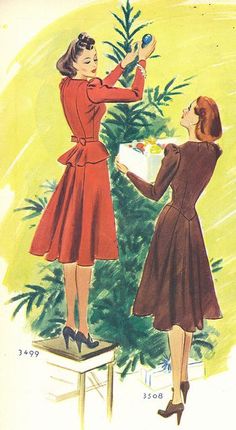 an old fashioned christmas card shows two women decorating a tree