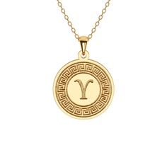 Celebrate your Greek heritage with our Greek Key Disc Necklace featuring a Greek Initial. Meticulously crafted in solid gold or sterling silver, this pendant beautifully marries cultural pride with personalized elegance. The Greek key motif, representing infinity and unity, surrounds your chosen Greek initial, creating a powerful statement of heritage and identity. Wear it with pride or gift it to a fellow Greek; it's a unique expression of cultural identity and individuality, beautifully crafte Elegant Engraved Initial Pendant Medallion Necklace, Classic Round Pendant Jewelry With Initials, Elegant Commemoration Coin Pendant Jewelry, Classic Tarnish Resistant Medallion Necklace, Symbolic Yellow Gold Medallion Necklace Gift, Elegant Coin Pendant Necklaces For Commemoration, Classic Yellow Gold Medallion Necklace, Personalized Yellow Gold Medallion Necklace, Elegant Personalized Yellow Gold Medallion Necklace