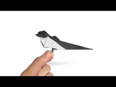 a hand holding an origami black and white bird on it's finger