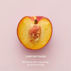 an apple cut in half with the words clingstone peaches on it's side