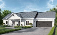 this is a computer rendering of the front elevation of these modern farmhouse houseplans