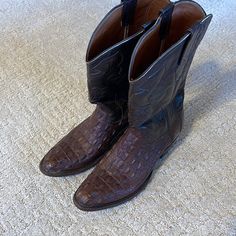 I Bought These Boots For $700 Somewhere Between Austin And San Antonio In 2009. I Don’t Think They Sell For As Much Now. They Aren’t Very Worn In. I’ve Only Put Them On A Handful Of Times. I Was Told They Are Crocodile. Very Fancy Dress Boot. Make Me An Offer Classic Snip Toe Boots With Crocodile Pattern, Classic Boots With Crocodile Pattern And Snip Toe, Western Formal Boots With Crocodile Pattern, Classic Crocodile Pattern Snip Toe Boots, Brown Crocodile Pattern Classic Boots, Western Almond Toe Boots For Business, Western Style Almond Toe Boots For Business, Western Moc Toe Boots For Business, Western Moc Toe Business Boots