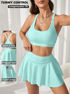 High Stretch Sports Bra & Tennis Skirt Set For DailywearI discovered amazing products on SHEIN.com, come check them out! Plain Skirt, Tennis Outfit Women, Tennis Outfit, Cheerleader Costume, Plus Size Workout, Athleisure Outfits, Outfit Women, Tennis Clothes, Running Clothes