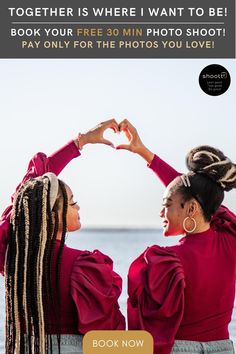 two women in red shirts are making heart shape with their hands and the caption reads, together is where i want to be book your free 30 min photo shoot