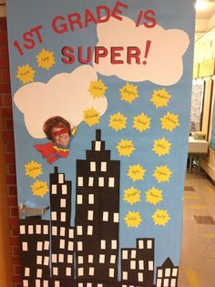 a bulletin board with the words 1st grade is super written on it and an image of a city