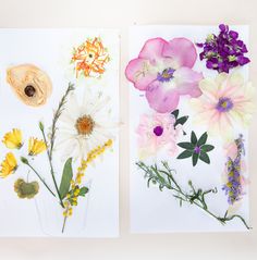 two pictures of flowers on white paper and one with purple, yellow and pink flowers