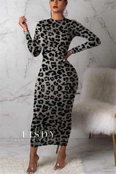 Fisdy - Elegante Vestido Negro de Manga Larga con Cómodo Estampado Brown Long Sleeve Dress, Yellow Long Sleeve Dress, Badass Outfit, Grey Long Sleeve Dress, Bodycon Evening Dress, Dress Comfortable, Catwalk Fashion, Fashion Cap, Long Sleeve Print Dress