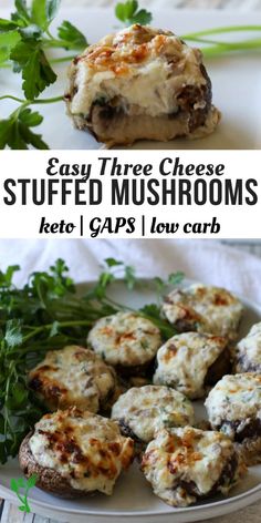 an easy three cheese stuffed mushrooms recipe on a plate with parsley sprigs