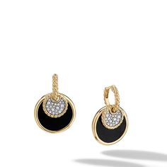 18-karat Yellow Gold Black Onyx and Mother of Pearl backed with White Agate Pave Diamonds = 0.24 total carat weight Earring, 21.5mm Discs on hoop have fluid movement. Each Element is removeable. These convertible earrings can be worn in many different ways, including as a simple cable hoop Convertible Earrings, White Agate, High Jewelry, David Yurman, Jewelry Pouch, Pave Diamonds, Black Onyx, Mother Of Pearl, Women's Earrings