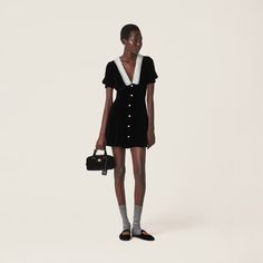 Miu Miu Women Mini Dress Black Velvet Button Up Short Sleebe A-Line Bodycon IT36 Organza Collar, Lace Splicing, Gathered Sleeves, Mini Dress Casual, Dolce E Gabbana, Shop Maxi Dresses, Chic Dress, Shawl Collar, Hobo Bag