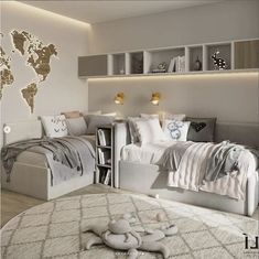 a bedroom with two beds and a world map on the wall above them, in front of a white rug