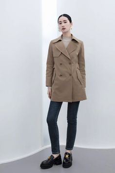 Buy Khaki Classic Short Trench Coats for only $265.00 at SHIMENG! Short Trench Coat, Dark Brown Leather, Blue Wool, Trench Coats, Polished Look, Leather Slip Ons, Out Of Style, Ladies Day, Mid Length