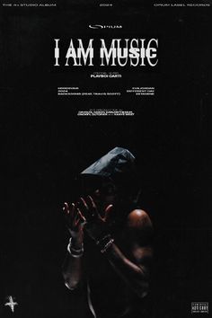 i am music movie poster with the title in black and white, on a dark background