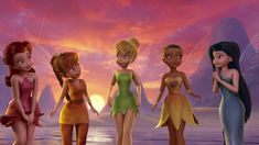 four cartoon characters are standing in front of the ocean at sunset, with their backs turned to the camera