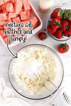 ingredients to make strawberry shortbreads on a marble counter top with strawberries and milk