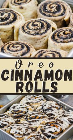 cinnamon rolls in pans with text overlay