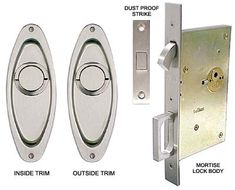 an assortment of door handles and knobs with instructions on the front, side, and outside trim