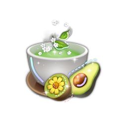 an avocado is sitting next to a bowl with leaves and flowers on it