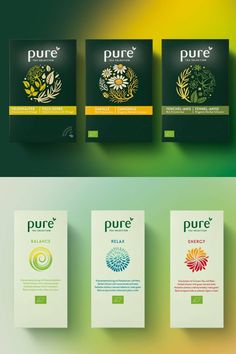 the packaging design for pure is shown in three different colors