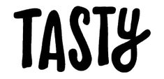 the word tasty written in black on a white background