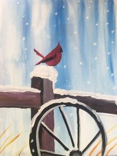 a painting of a red bird sitting on top of a wooden fence in the snow