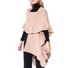 Show off your style in this unique Ruffle Sleeve Knit Shawl. Its soft knit fabric is perfect for cooler weather and its ruffle sleeves add an extra special touch of chic elegance that will have you radiating confidence wherever you go! 100% Polyester L 29.5"x W 33.46 Cotton Loungewear, Knit Shawl, Print Coat, Khaki Dress, Swimsuit Fashion, Knitted Shawls, Cooler Weather, Ruffle Sleeves, Active Wear Tops