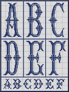 cross stitch alphabets with the letters y, v, and person in blue on white