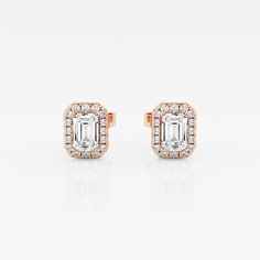 We can't keep these emerald stud earrings in stock. Styled with large emerald cut lab grown diamonds with a halo of round diamonds, these earrings are a true epitome of seductive glamor. Emerald Cut Rose Gold Jewelry With Halo Design, Emerald Cut Rose Gold Halo Jewelry, Gia Certified Rose Gold Emerald-cut Jewelry, Gia Certified Emerald Cut Rose Gold Jewelry, Classic Emerald Cut Halo Design Earrings, Classic Emerald Cut Halo Earrings, Emerald Cut Diamond Earrings With Halo Design For Anniversary, Emerald Stud Earrings, Halo Diamond Earrings