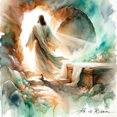 a watercolor painting of jesus walking into the light