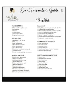 the event checklist is shown in black and white, with text that reads event decor's guide & checklist