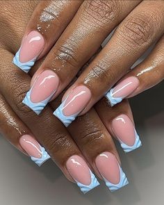 Blue Frenchies Nails Short, Blue Outline French Tip Nails, Blue French Tip Nails Black Women, Blue Shades French Tip Nails, Blue French Tip Nails Long Square, Red Acrylic Nails, Acrylic Toes, Lines On Nails, Acrylic Toe Nails