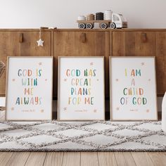 three framed art prints with the words god has written on them