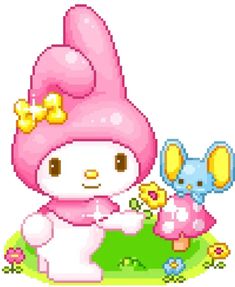 an animal with a pink hat and two little animals in the grass, one is holding flowers