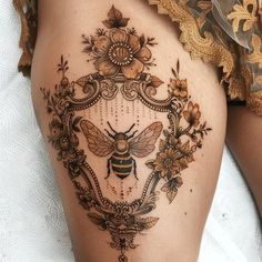 Honey Tattoo Design Pack Color Chest Tattoo Female, Moth Tattoos For Women Color, Neotraditional Fall Tattoo, Witchy Shoulder Tattoos For Women, Carpenter Bee Tattoo, Woodland Fairy Tattoo, Dark Floral Tattoo Sleeve, Thigh Tattoos Women Plus Size, Bee Tattoos For Women