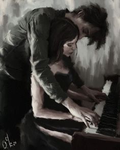 a black and white painting of a man playing the piano with his hands on it