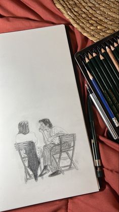 a drawing of two people sitting at a table with pencils next to them on a red blanket