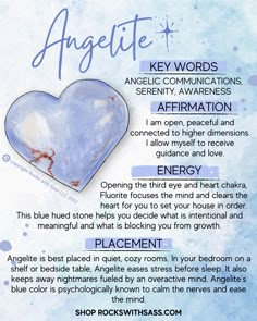 Fits wrist measurements of approximately 5.5" to 6”. Bracelet size is about 7.5”. KEY WORDS: Angelic Communications, Serenity, Expanded Awareness ENERGY: To better strengthen your relationship and connection to your spiritual guides, Angelite is here to help. Channeling energy through the throat and third eye up to the crown, this dreamy blue stone connects your senses beyond the physical plane. Symbols, signs, and messages will be easier to hear and see when using Angelite. Spiritual awareness Channeling Energy, Magic Spell Book, Key Words, Spiritual Crystals, Spiritual Guides, Crystal Magic